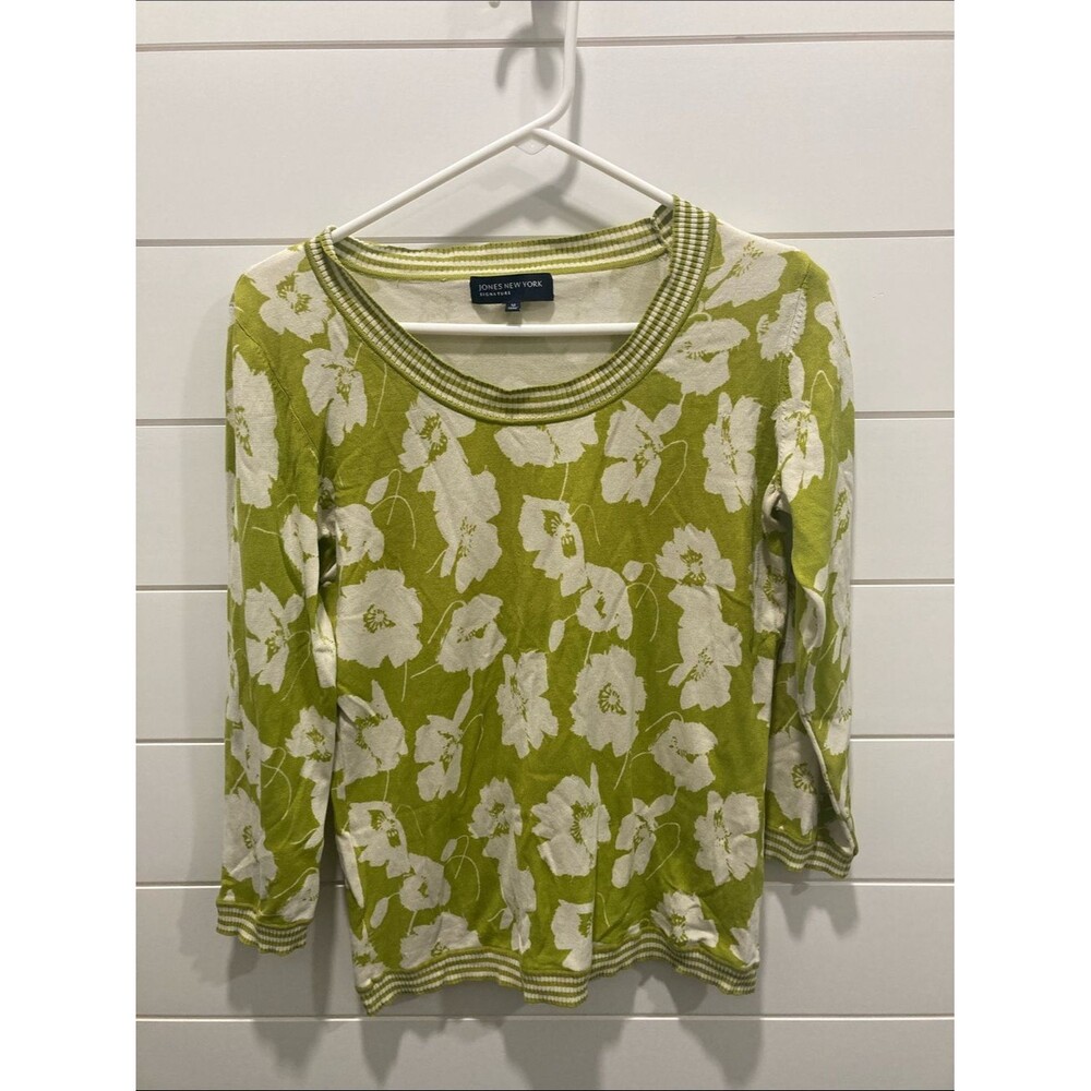 Vintage Jones New York Signature Floral Knit Pullover Sweater Chartreuse-Size M